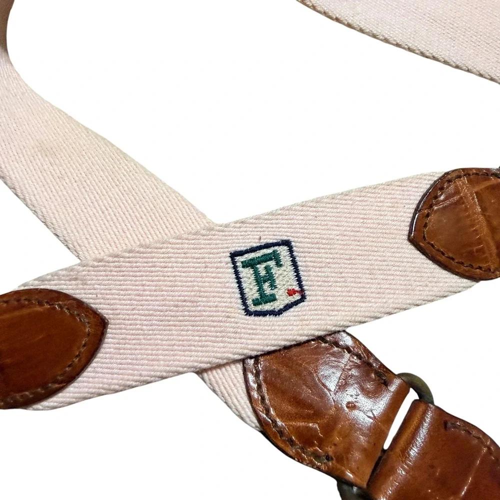 Faconnable Sellier Mens Canvas Leather Belt Cream Brown France Size 36 90